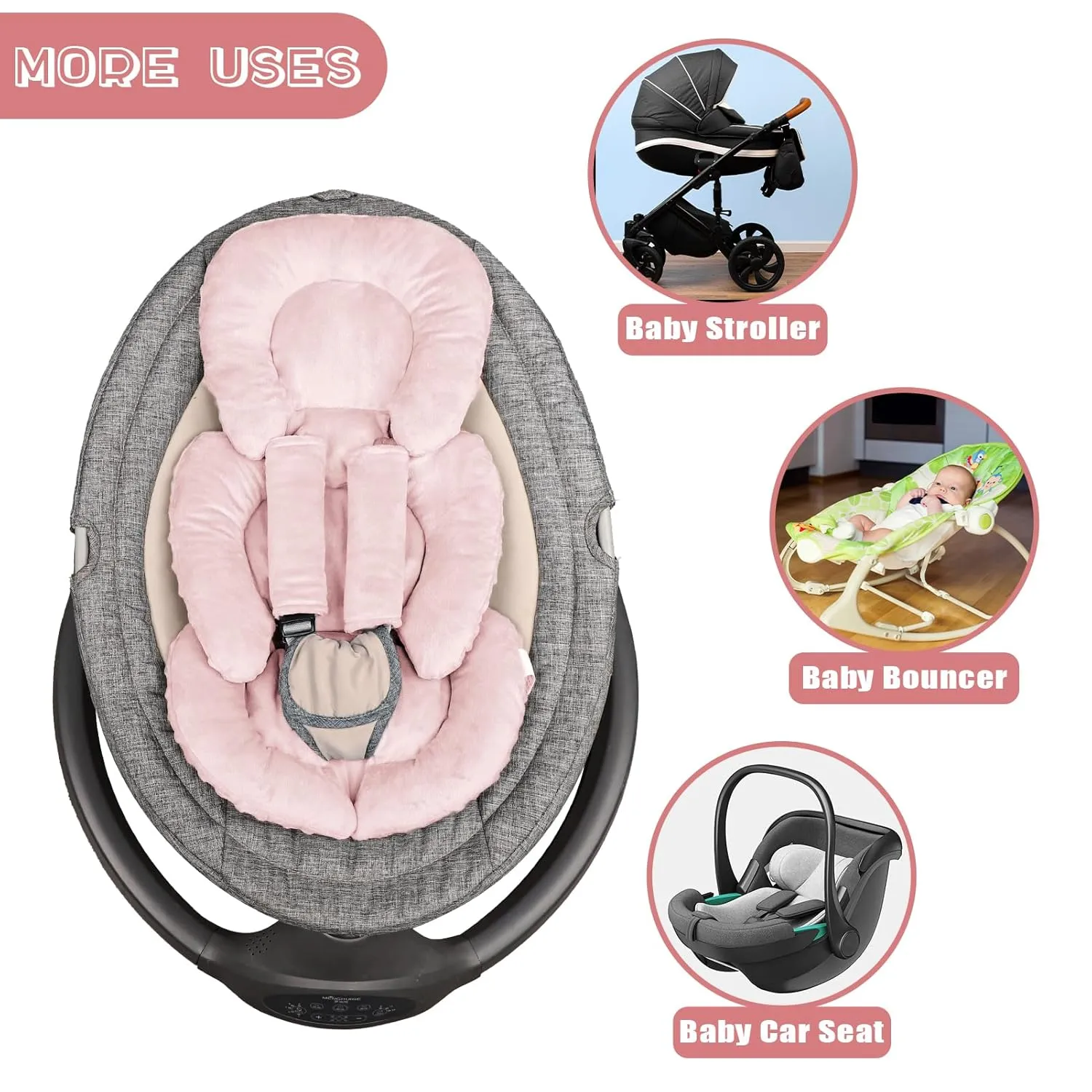 Infant Car Seat Insert Head and Body Support, GFU Reversible Newborn Insert for Carseat with Strap Pads, Soft Stroller Cushion Pillow Insert for Boys and Girls, Fits for Stroller, Swing, Pink