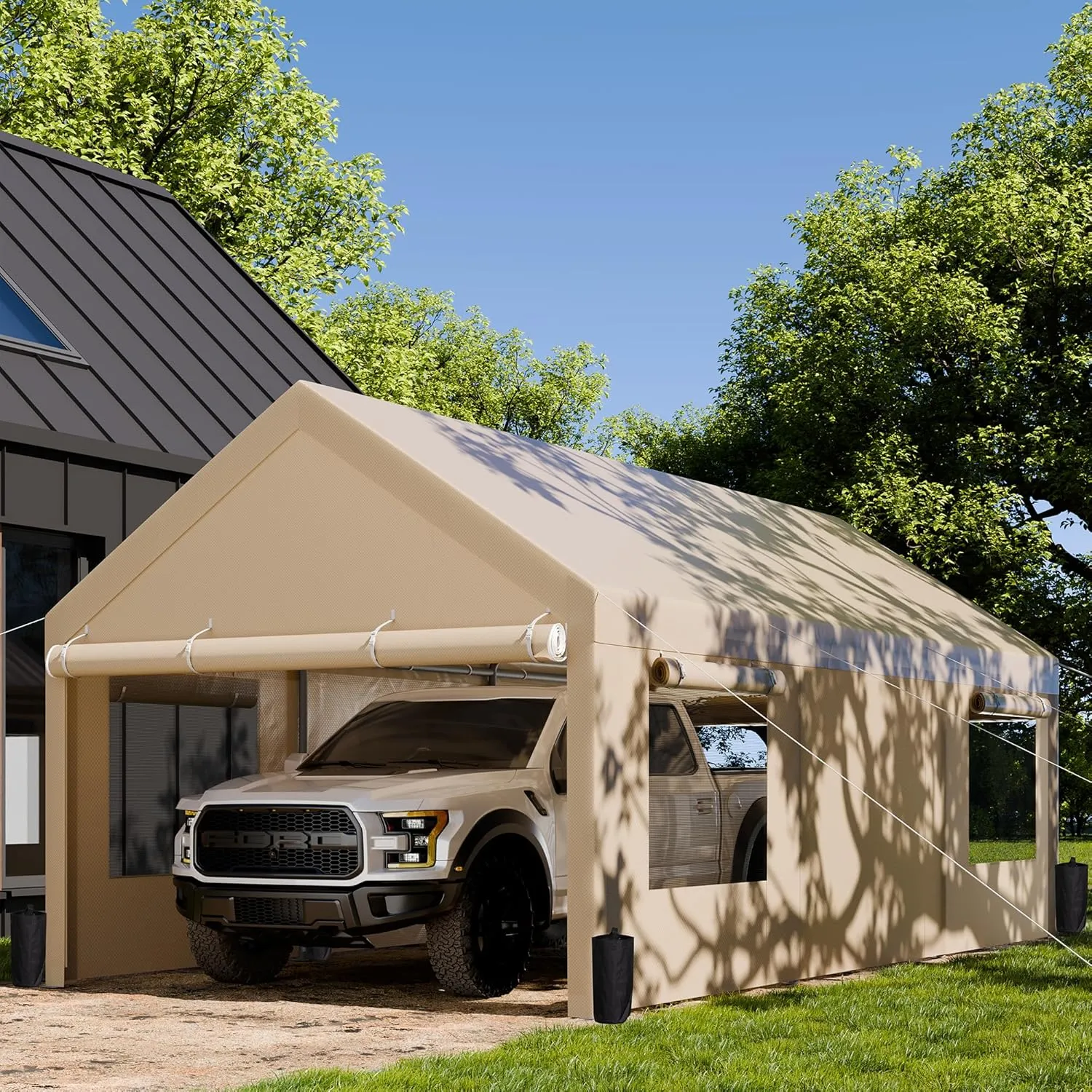 JAMFLY Carport, 10x20 ft Heavy Duty Carport with Roll-up Windows, Portable Garage with Removable Sidewalls & Doors, Car Canopy with Sandbags and All-Season Tarp for Car Boat Truck Motorcycle