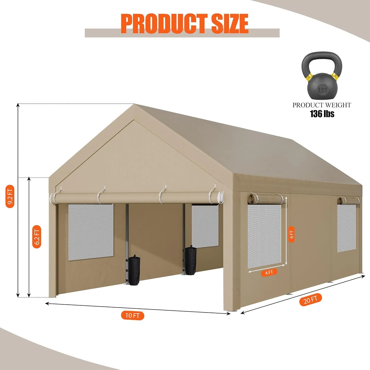 JAMFLY Carport, 10x20 ft Heavy Duty Carport with Roll-up Windows, Portable Garage with Removable Sidewalls & Doors, Car Canopy with Sandbags and All-Season Tarp for Car Boat Truck Motorcycle