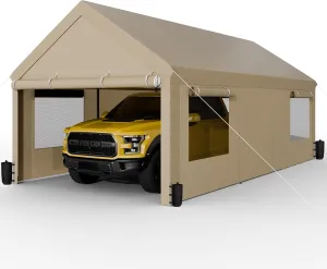 JAMFLY Carport, 10x20 ft Heavy Duty Carport with Roll-up Windows, Portable Garage with Removable Sidewalls & Doors, Car Canopy with Sandbags and All-Season Tarp for Car Boat Truck Motorcycle