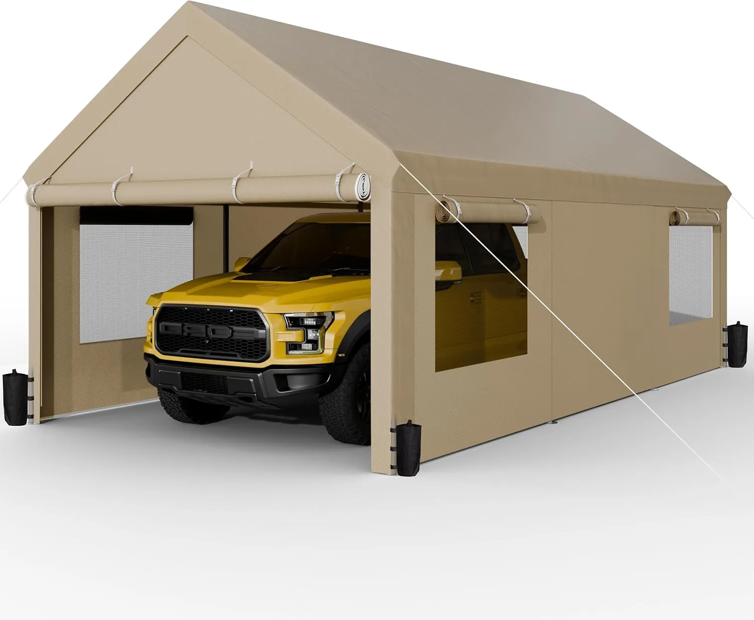 JAMFLY Carport, 10x20 ft Heavy Duty Carport with Roll-up Windows, Portable Garage with Removable Sidewalls & Doors, Car Canopy with Sandbags and All-Season Tarp for Car Boat Truck Motorcycle