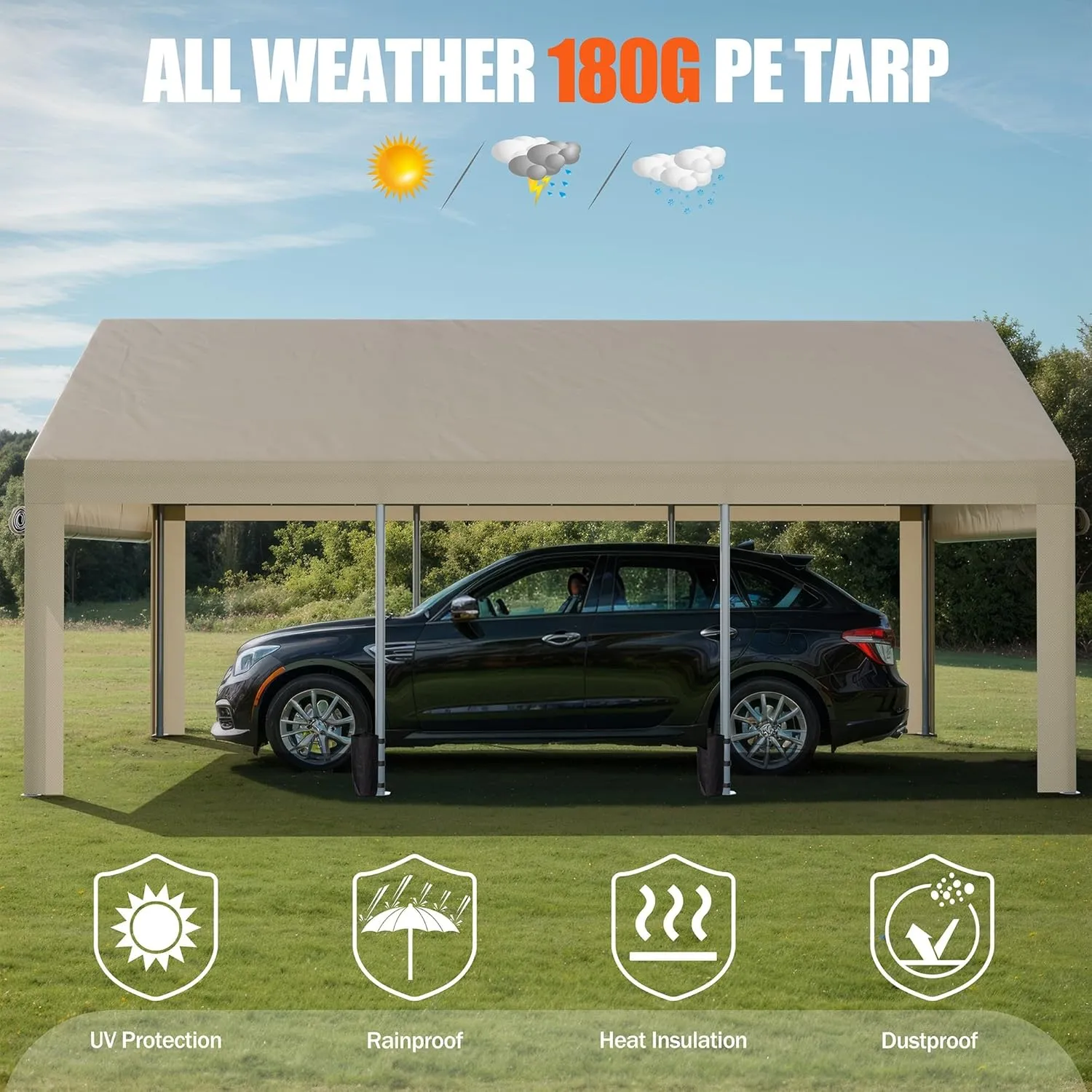 JAMFLY Carport, 10x20 ft Heavy Duty Carport with Roll-up Windows, Portable Garage with Removable Sidewalls & Doors, Car Canopy with Sandbags and All-Season Tarp for Car Boat Truck Motorcycle