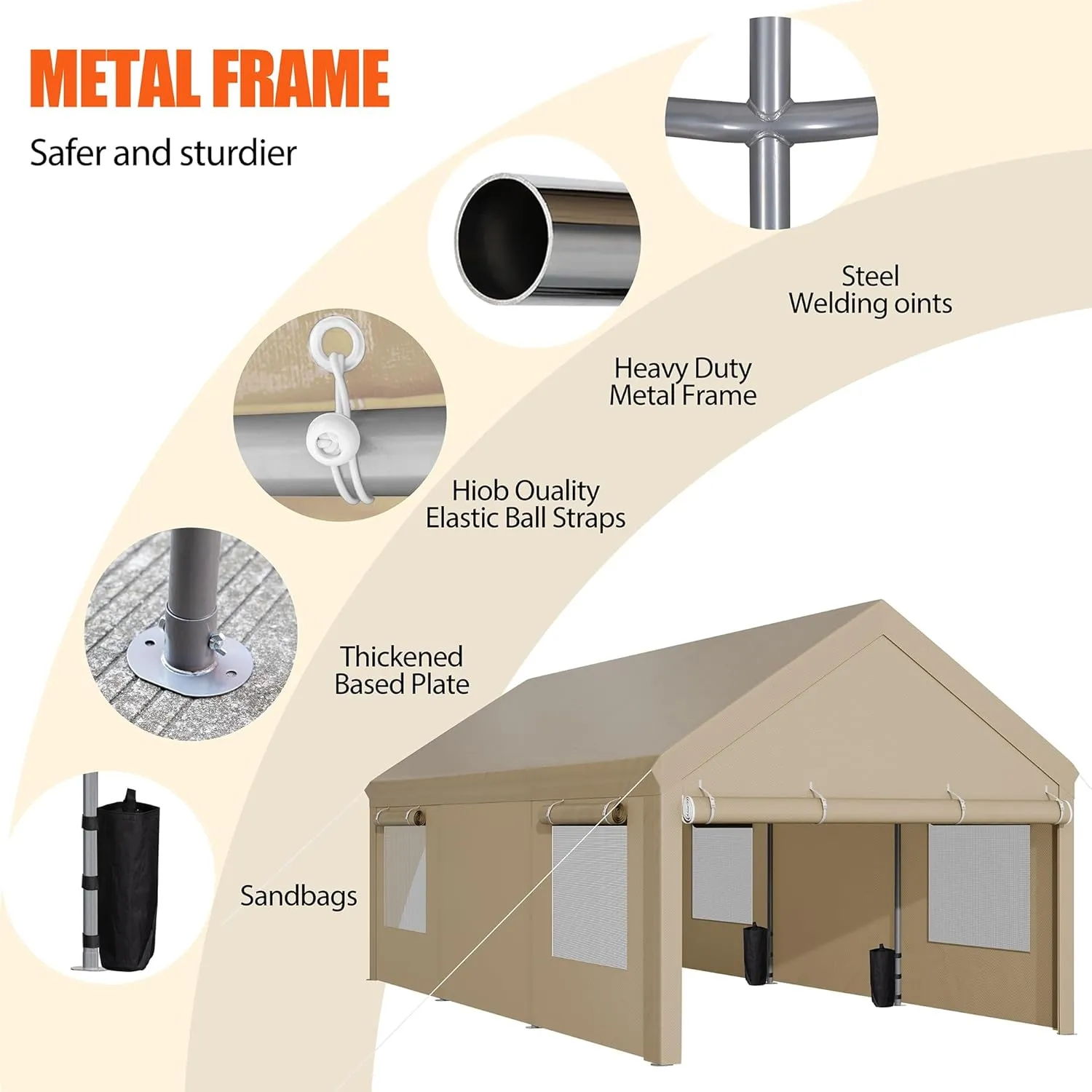 JAMFLY Carport, 10x20 ft Heavy Duty Carport with Roll-up Windows, Portable Garage with Removable Sidewalls & Doors, Car Canopy with Sandbags and All-Season Tarp for Car Boat Truck Motorcycle