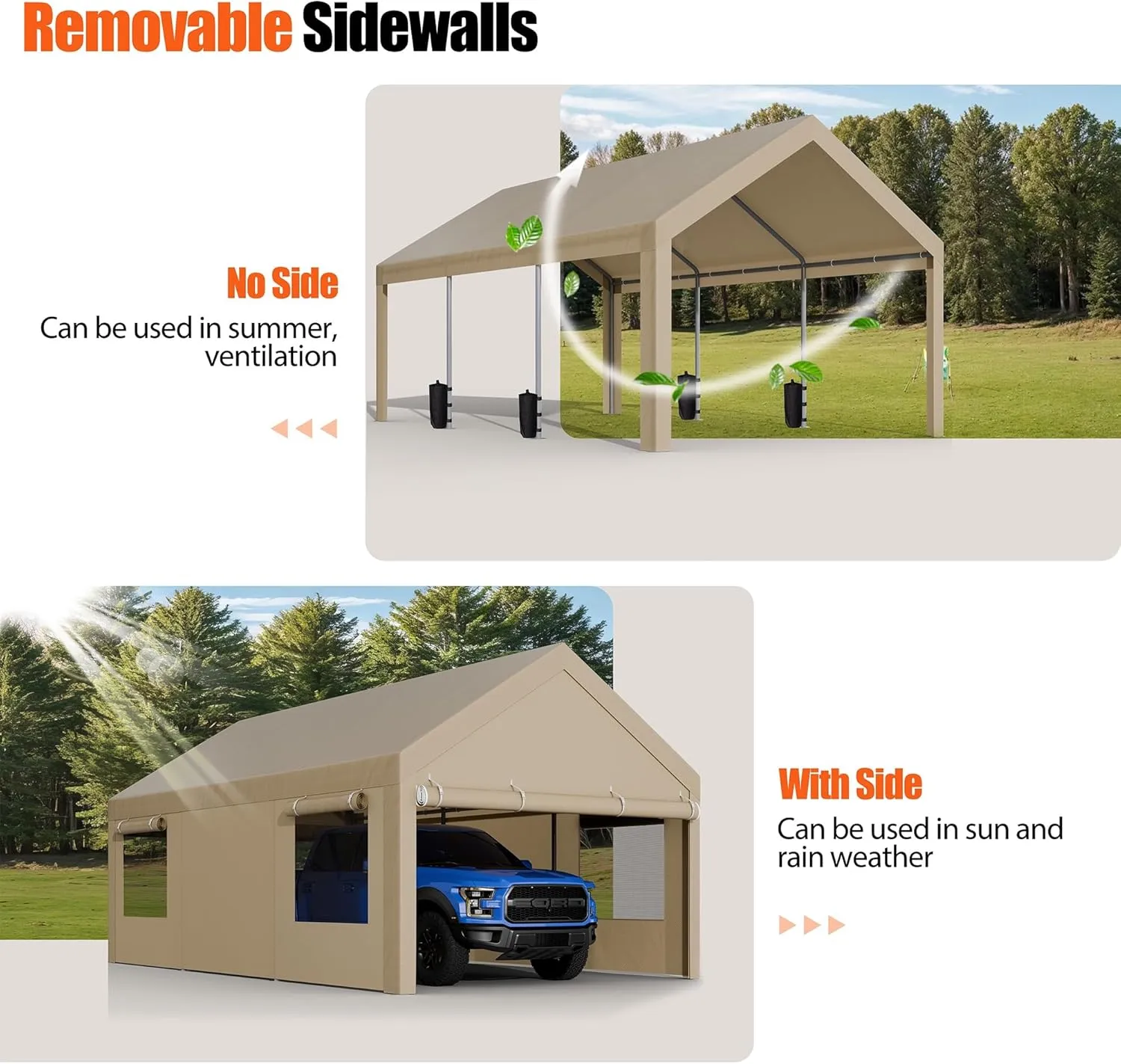 JAMFLY Carport, 10x20 ft Heavy Duty Carport with Roll-up Windows, Portable Garage with Removable Sidewalls & Doors, Car Canopy with Sandbags and All-Season Tarp for Car Boat Truck Motorcycle