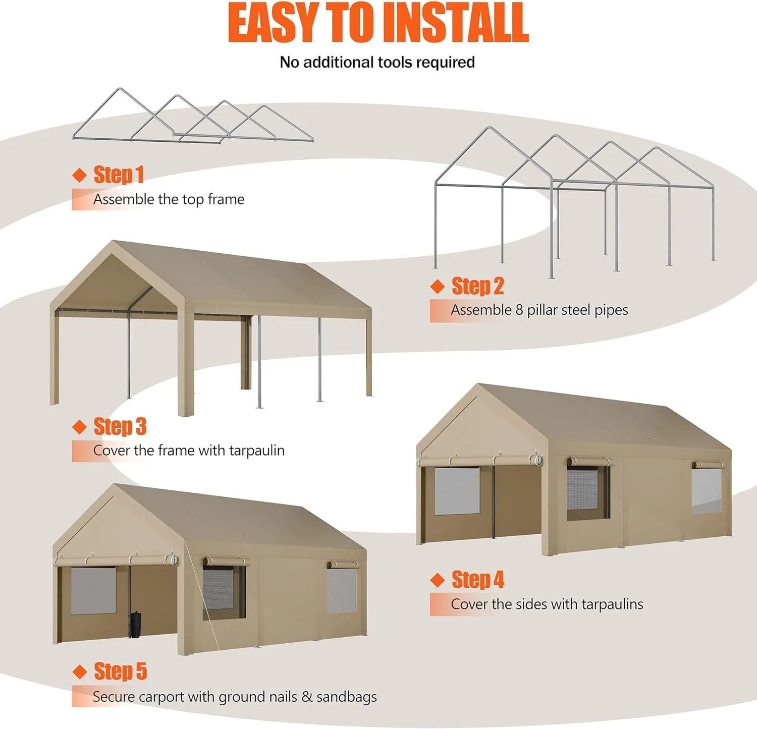 JAMFLY Carport, 10x20 ft Heavy Duty Carport with Roll-up Windows, Portable Garage with Removable Sidewalls & Doors, Car Canopy with Sandbags and All-Season Tarp for Car Boat Truck Motorcycle