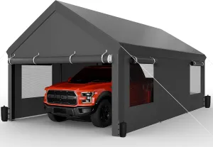 JAMFLY Carport, 12x20 ft Heavy Duty Carport with Roll-up Windows, Portable Garage with Removable Sidewalls & Doors, Car Canopy with Sandbags and All-Season Tarp for Car Boat Truck Motorcycle