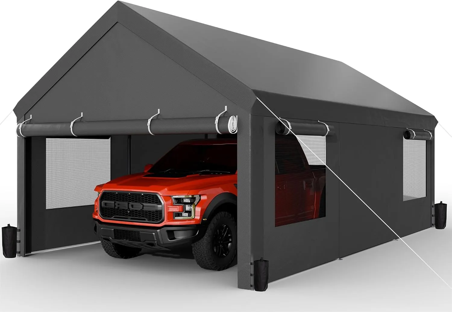 JAMFLY Carport, 12x20 ft Heavy Duty Carport with Roll-up Windows, Portable Garage with Removable Sidewalls & Doors, Car Canopy with Sandbags and All-Season Tarp for Car Boat Truck Motorcycle