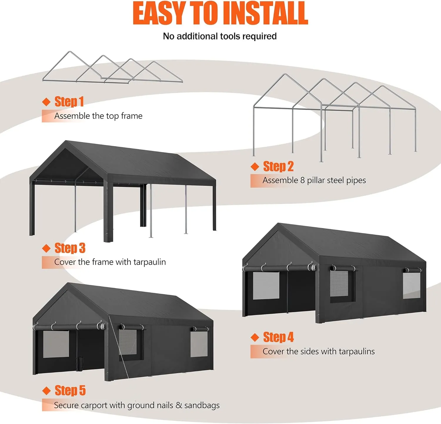 JAMFLY Carport, 12x20 ft Heavy Duty Carport with Roll-up Windows, Portable Garage with Removable Sidewalls & Doors, Car Canopy with Sandbags and All-Season Tarp for Car Boat Truck Motorcycle