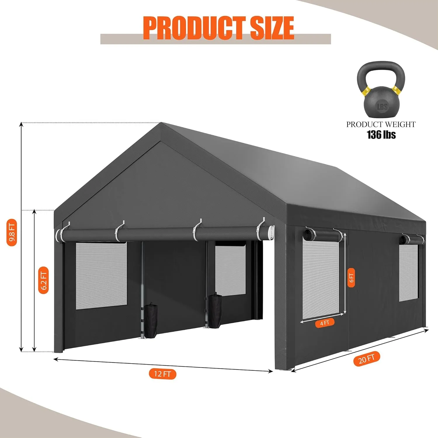 JAMFLY Carport, 12x20 ft Heavy Duty Carport with Roll-up Windows, Portable Garage with Removable Sidewalls & Doors, Car Canopy with Sandbags and All-Season Tarp for Car Boat Truck Motorcycle
