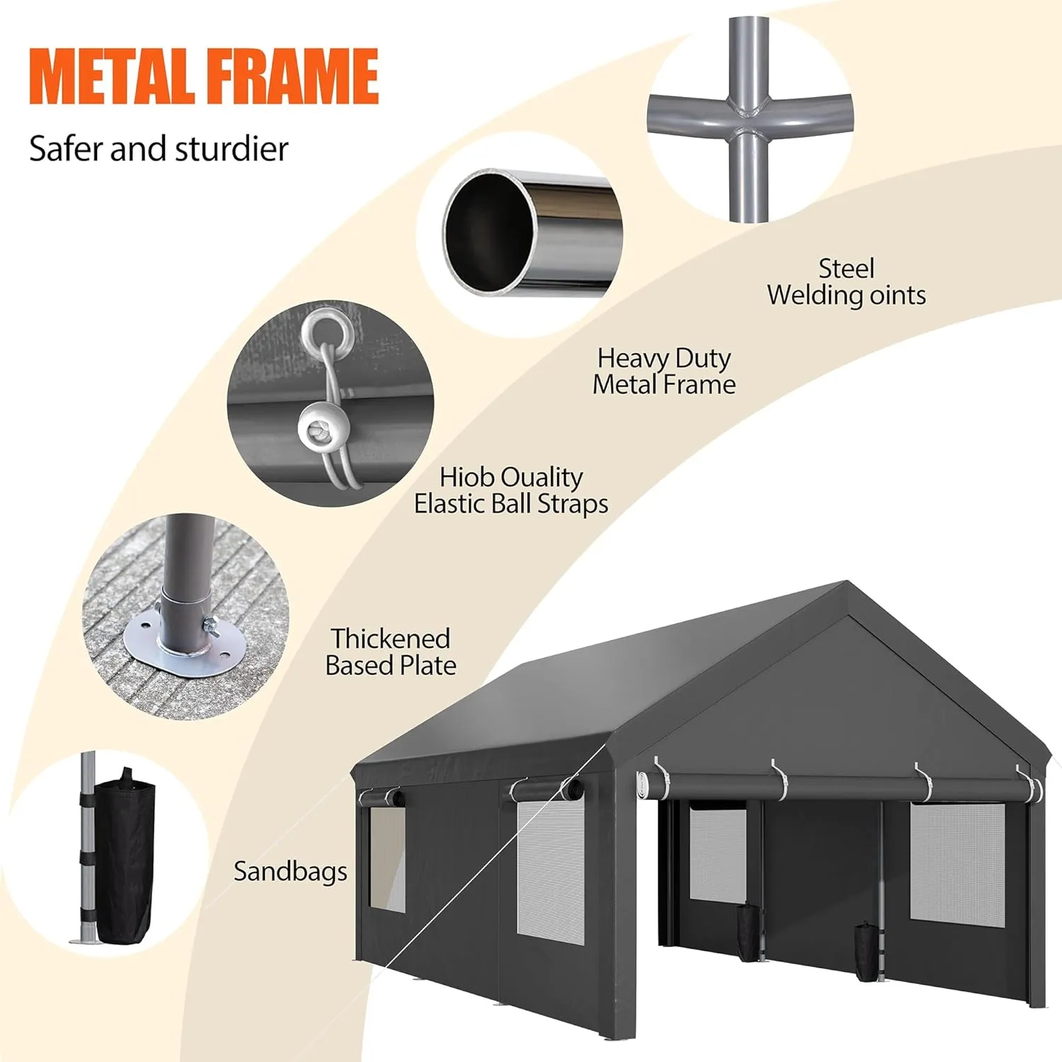 JAMFLY Carport, 12x20 ft Heavy Duty Carport with Roll-up Windows, Portable Garage with Removable Sidewalls & Doors, Car Canopy with Sandbags and All-Season Tarp for Car Boat Truck Motorcycle