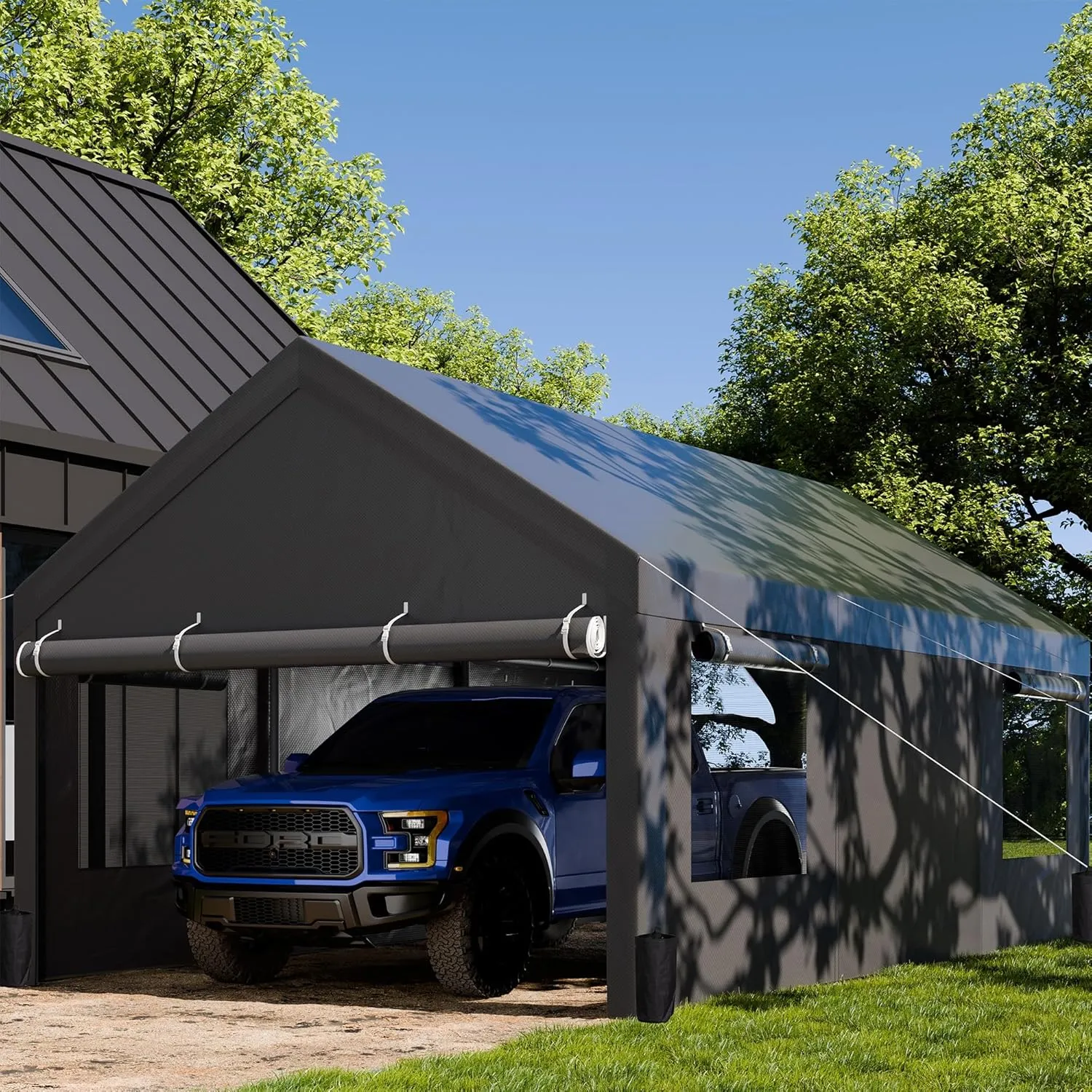 JAMFLY Carport, 12x20 ft Heavy Duty Carport with Roll-up Windows, Portable Garage with Removable Sidewalls & Doors, Car Canopy with Sandbags and All-Season Tarp for Car Boat Truck Motorcycle