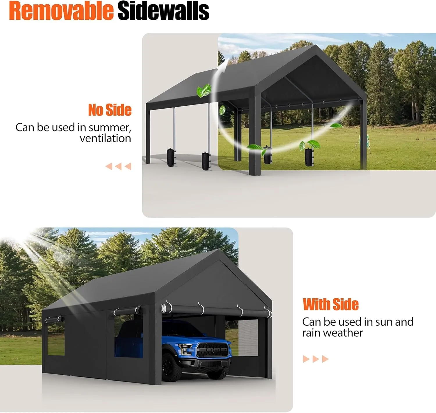 JAMFLY Carport, 12x20 ft Heavy Duty Carport with Roll-up Windows, Portable Garage with Removable Sidewalls & Doors, Car Canopy with Sandbags and All-Season Tarp for Car Boat Truck Motorcycle