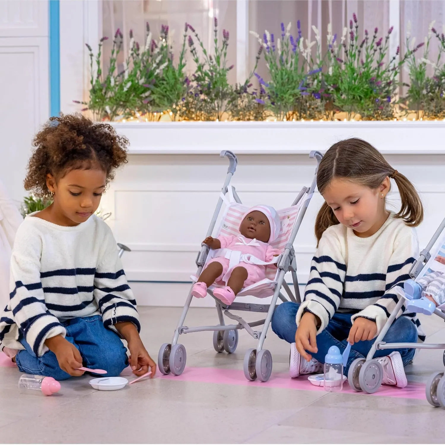JC Toys Boutique | Folding Umbrella Doll Stroller for Children 2 Years Plus, Pink Stripes and Soft Embroidery | Sturdy Metal Frame | Pretend Play with Dolls up to 18” Long | Seat Belt