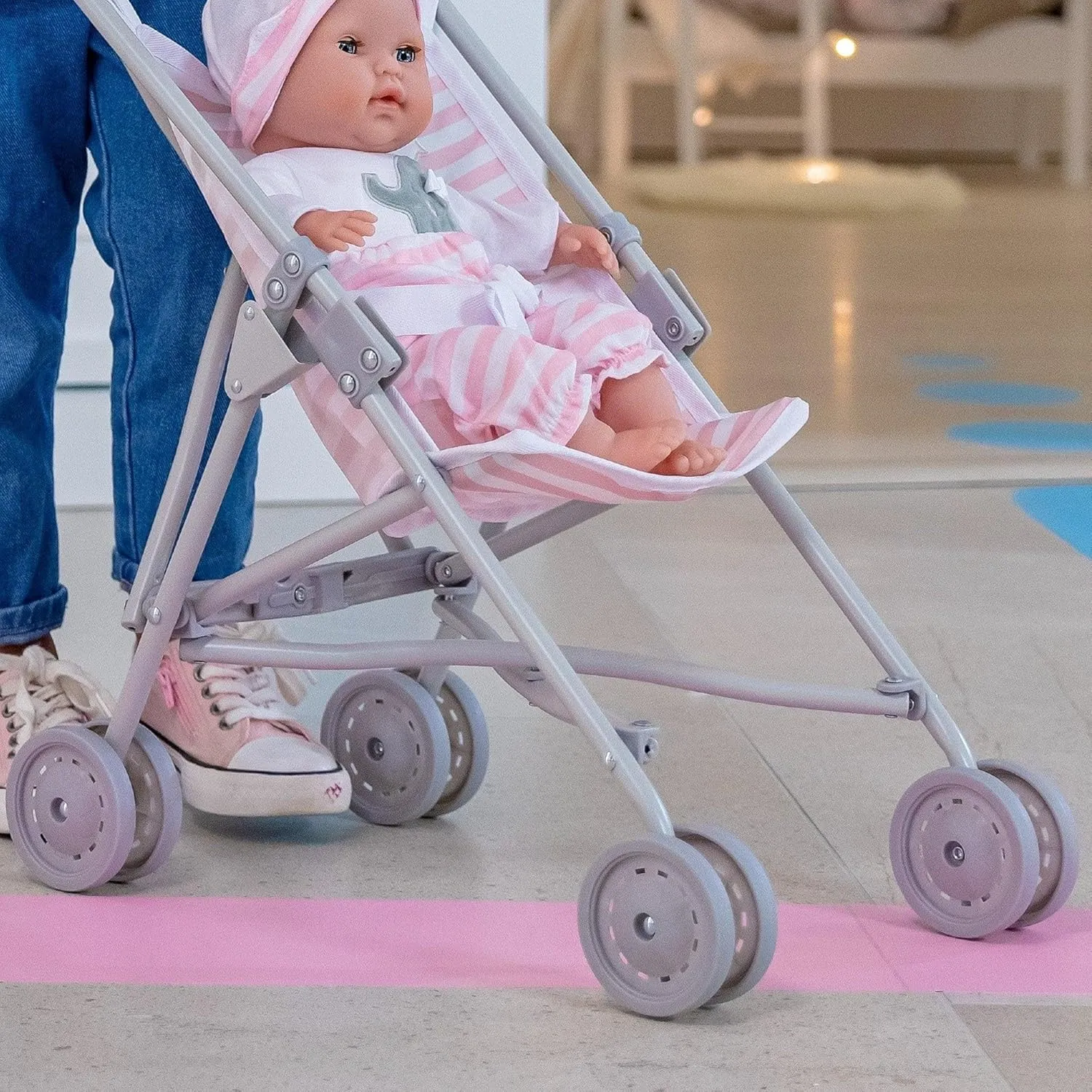JC Toys Boutique | Folding Umbrella Doll Stroller for Children 2 Years Plus, Pink Stripes and Soft Embroidery | Sturdy Metal Frame | Pretend Play with Dolls up to 18” Long | Seat Belt