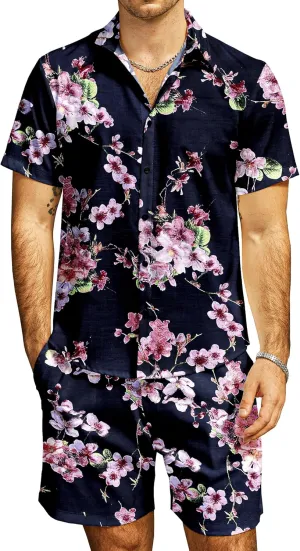 JOGAL Men's Flower Casual Button Down Short Sleeve Hawaiian Shirt Suits