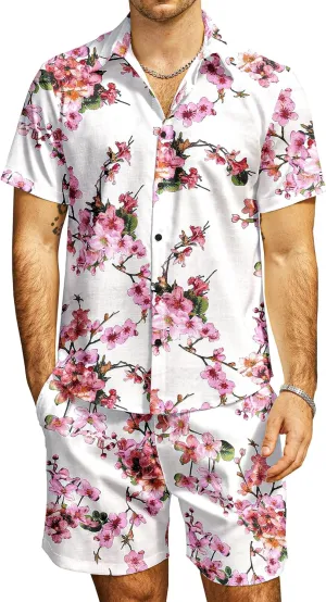 JOGAL Men's Flower Casual Button Down Short Sleeve Hawaiian Shirt Suits