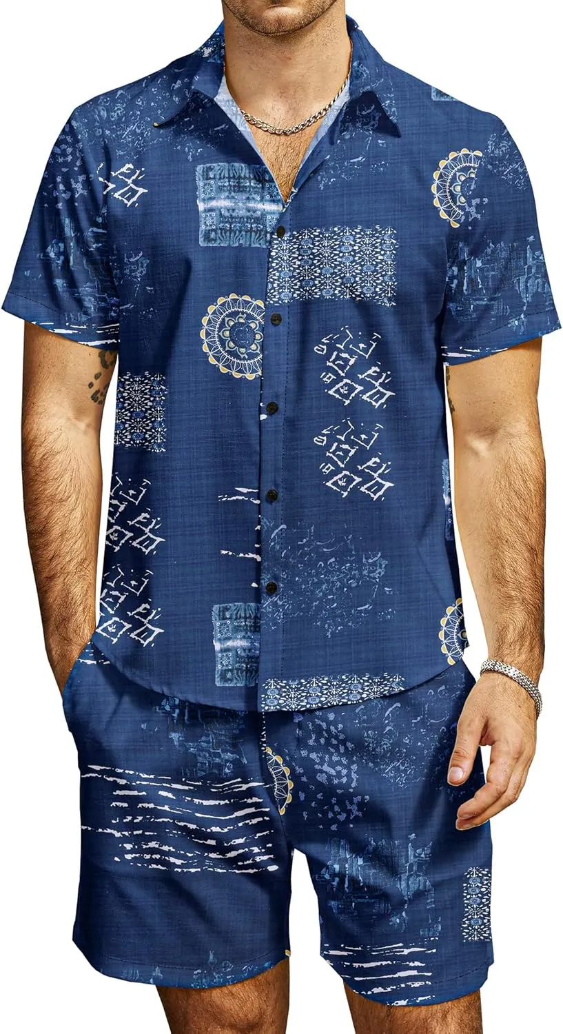 JOGAL Men's Flower Casual Button Down Short Sleeve Hawaiian Shirt Suits