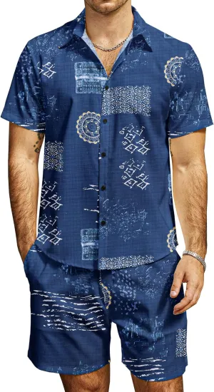 JOGAL Men's Flower Casual Button Down Short Sleeve Hawaiian Shirt Suits