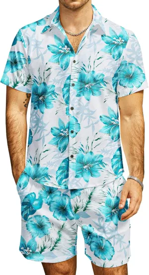JOGAL Men's Flower Casual Button Down Short Sleeve Hawaiian Shirt Suits