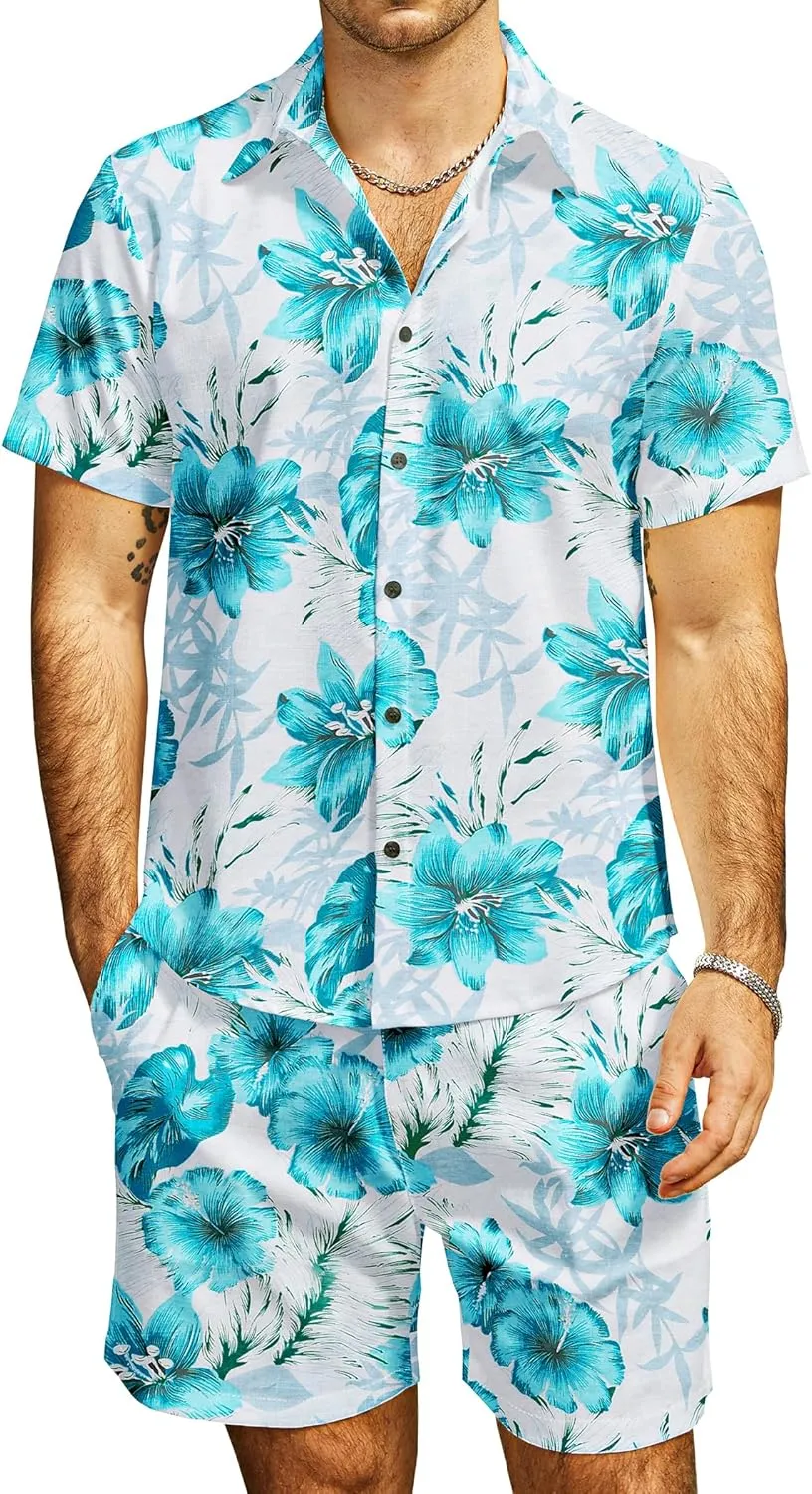 JOGAL Men's Flower Casual Button Down Short Sleeve Hawaiian Shirt Suits