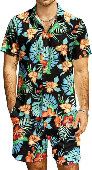 JOGAL Men's Flower Casual Button Down Short Sleeve Hawaiian Shirt Suits