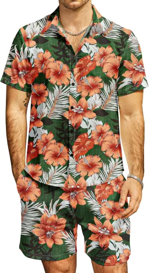 JOGAL Men's Flower Casual Button Down Short Sleeve Hawaiian Shirt Suits