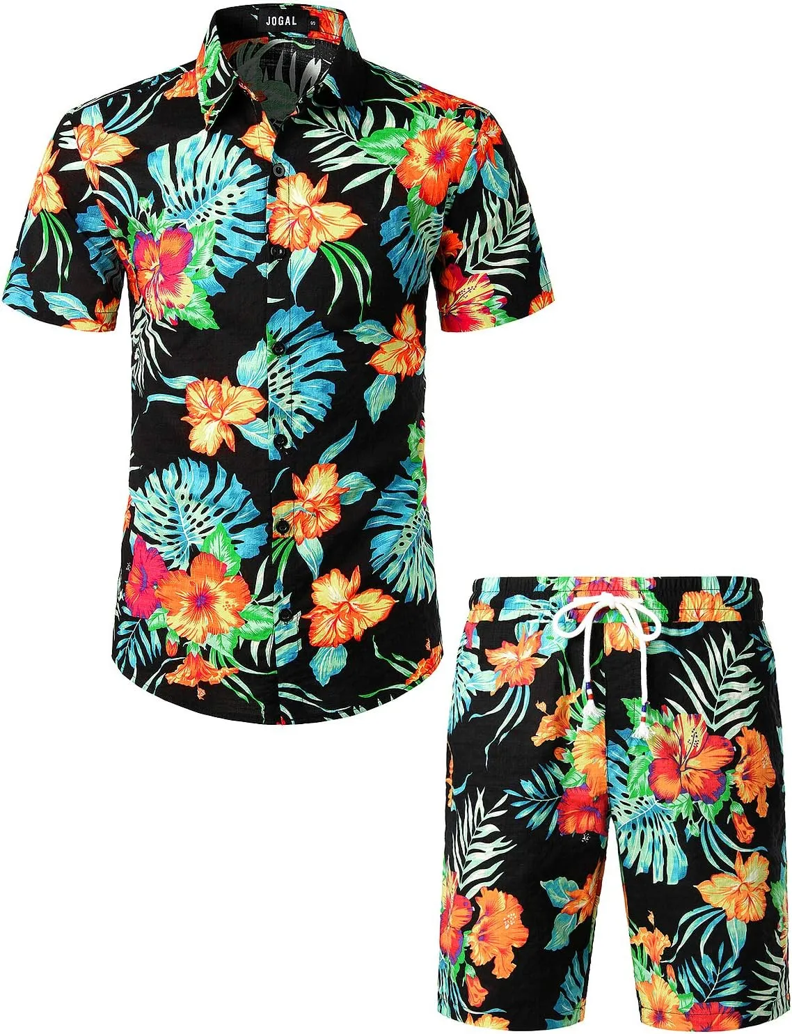 JOGAL Men's Flower Casual Button Down Short Sleeve Hawaiian Shirt Suits