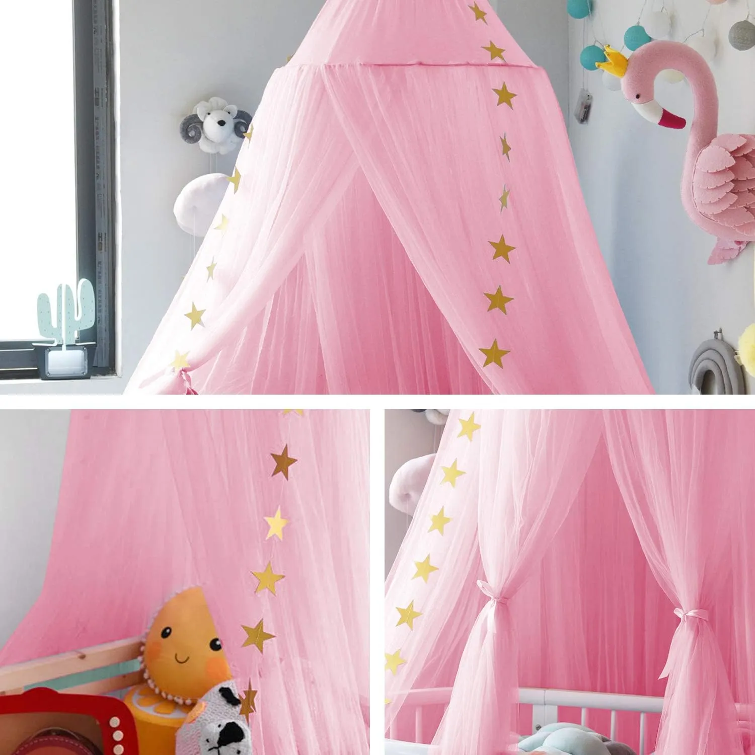 Jolitac Princess Bed Canopy for Girls Room Decor Round Lace Mosquito Net Play Tent Reading Nook Canopies Yarn Girl Dome Netting Castle (Rose)