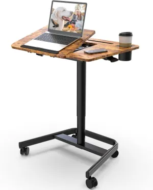 JOY worker Mobile Standing Desk, Height Adjustable Table, 60° Tiltable Rolling Laptop Desk, Portable Sit Stand Desk with Wheels Cup Holder for Bed Couch Hospital, Holds Up to 22lbs, Rustic