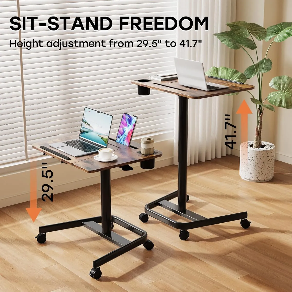 JOY worker Mobile Standing Desk, Height Adjustable Table, 60° Tiltable Rolling Laptop Desk, Portable Sit Stand Desk with Wheels Cup Holder for Bed Couch Hospital, Holds Up to 22lbs, Rustic