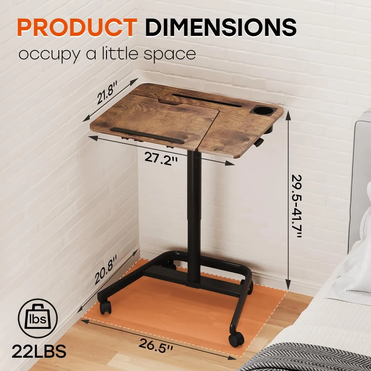 JOY worker Mobile Standing Desk, Height Adjustable Table, 60° Tiltable Rolling Laptop Desk, Portable Sit Stand Desk with Wheels Cup Holder for Bed Couch Hospital, Holds Up to 22lbs, Rustic