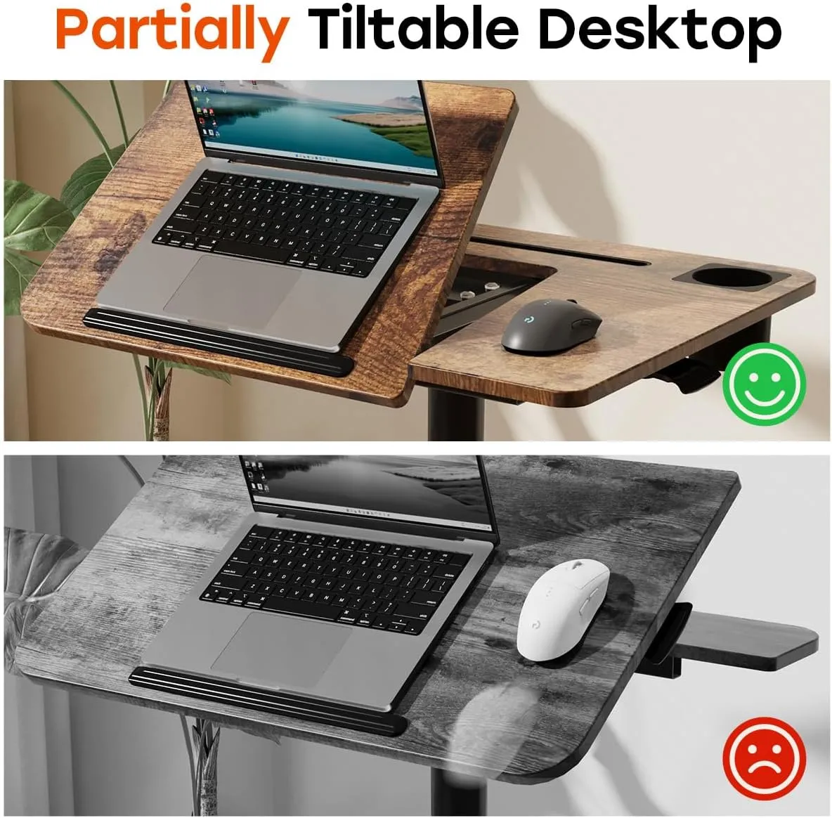JOY worker Mobile Standing Desk, Height Adjustable Table, 60° Tiltable Rolling Laptop Desk, Portable Sit Stand Desk with Wheels Cup Holder for Bed Couch Hospital, Holds Up to 22lbs, Rustic