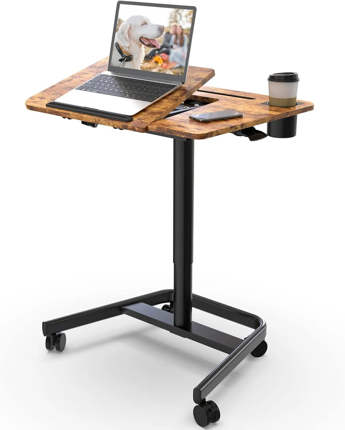 JOY worker Mobile Standing Desk, Height Adjustable Table, 60° Tiltable Rolling Laptop Desk, Portable Sit Stand Desk with Wheels Cup Holder for Bed Couch Hospital, Holds Up to 22lbs, Rustic