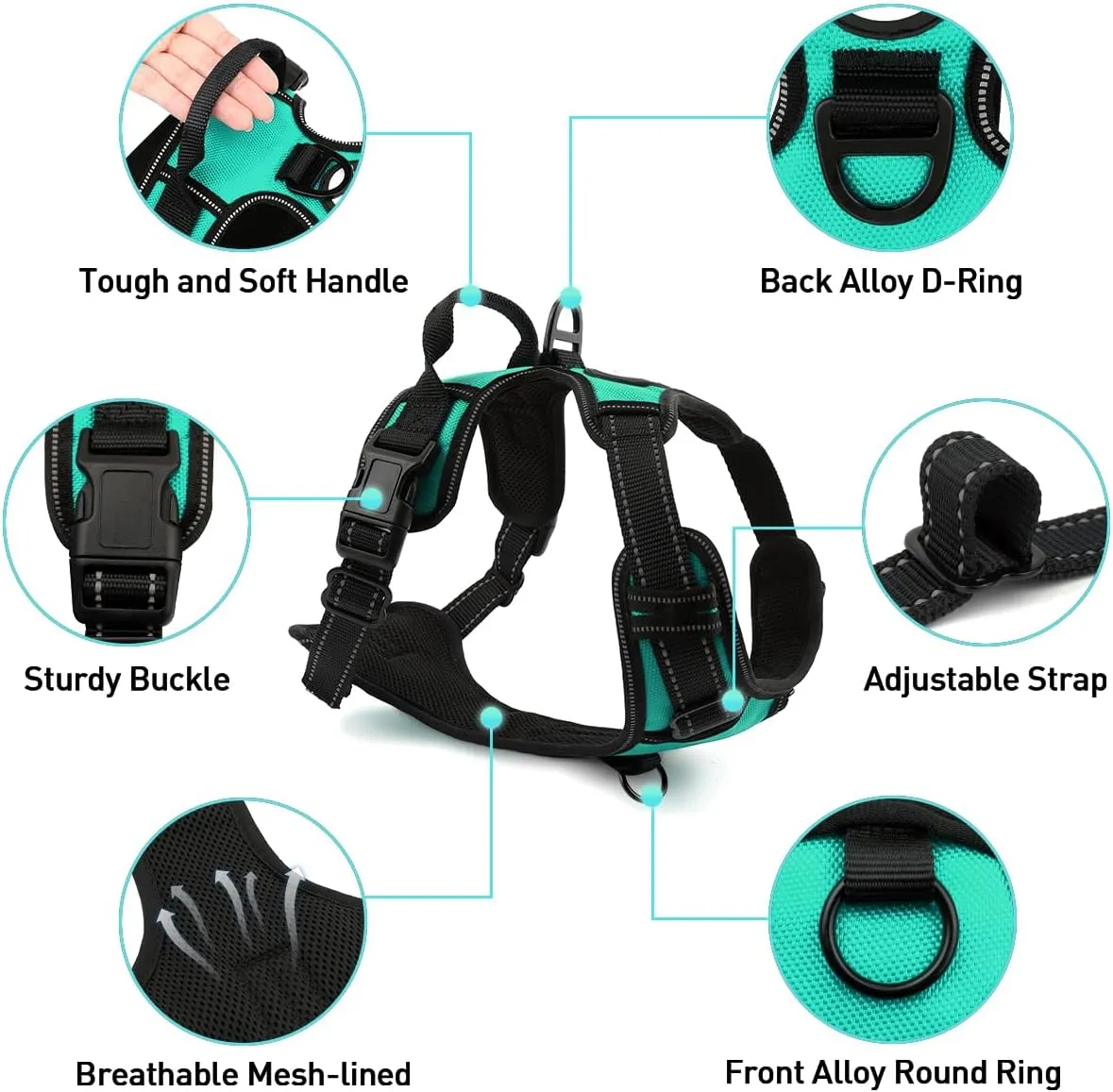 Joytale No Pull Dog Harness for Large Dogs, Reflective Pet Vest with Front Clip, Adjustable Soft Padded Harnesses with Easy Control Handle for Training and Walking, Teal, L