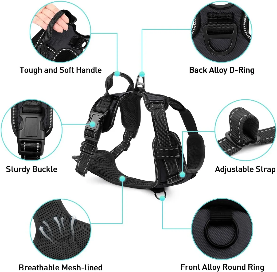 Joytale No Pull Dog Harness Medium Sized Dog, Reflective Pet Vest with Front Clip, Adjustable Soft Padded Harnesses with Easy Control Handle for Training and Walking, Black, M