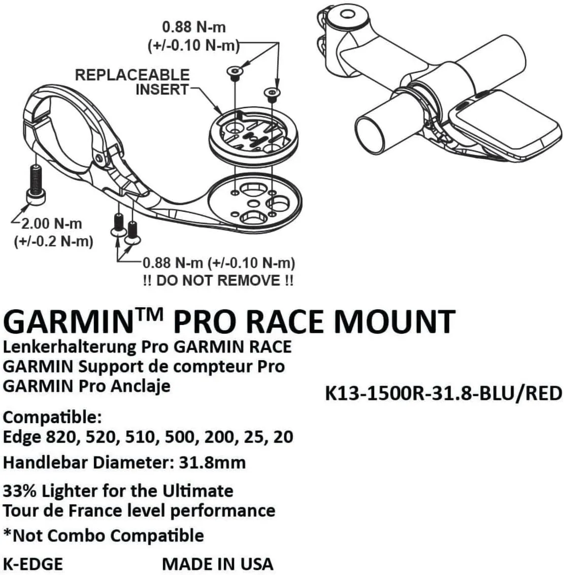 K-Edge | Race Bicycle Computer Mount | for Garmin GPS Devices | Blue