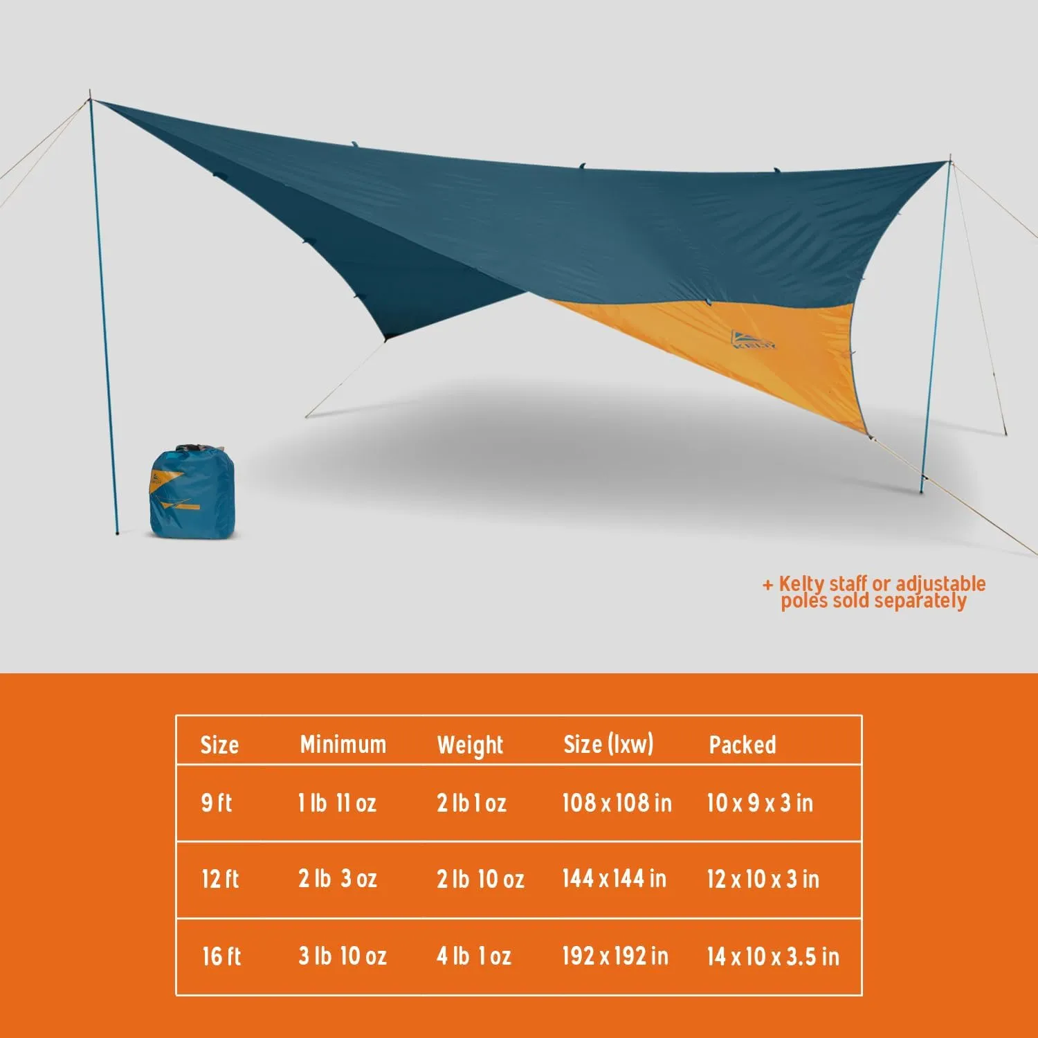Kelty Noah’s Tarp Sun Shelter and Multi-Use Awning Rainfly, Portable Canopy UV Protection, Waterproof   Durable, 3 Sizes for Customized Pitch
