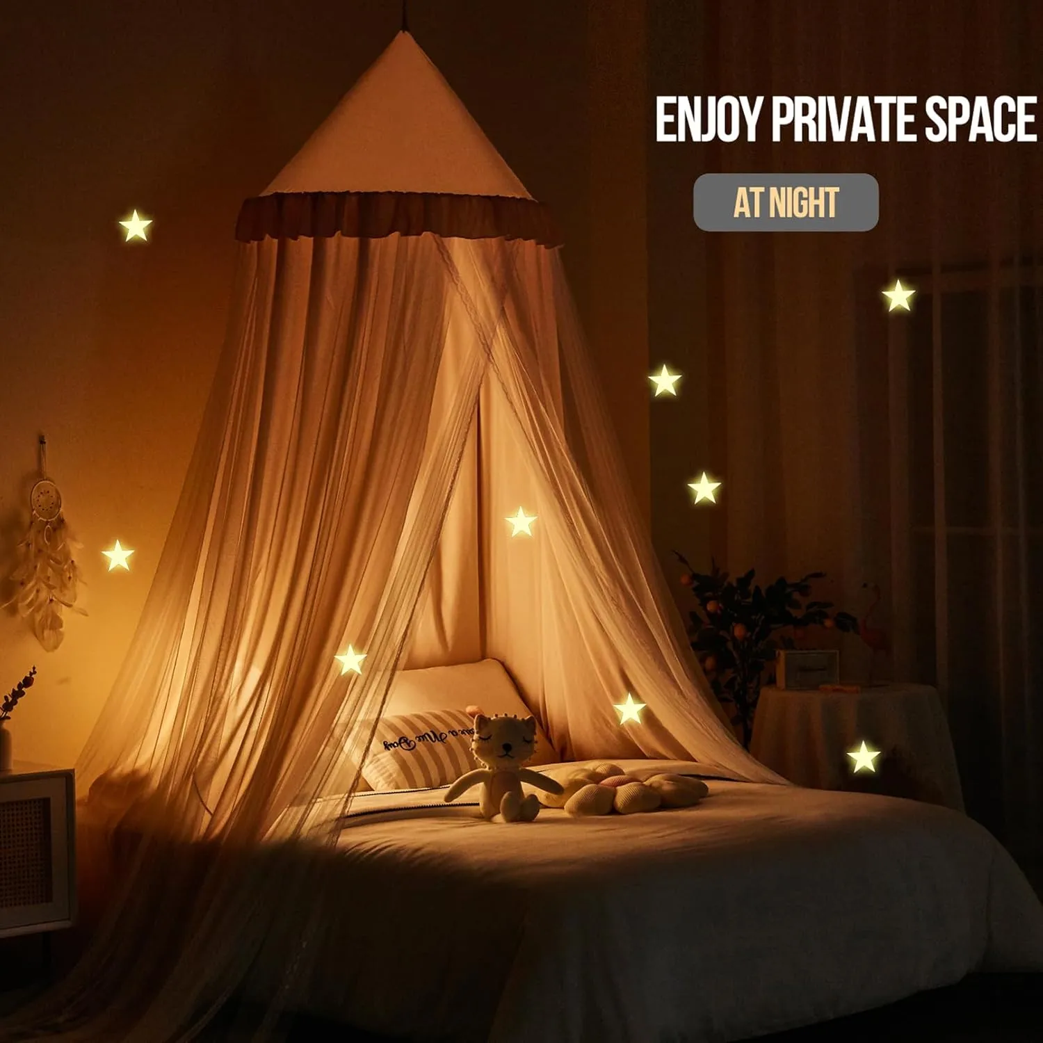 Kertnic Large Dome Bed Canopy for Kids Room Double Layer Mosquito Net, Hanging Play Tent Children Reading Nook Canopies, Princess Castle Dreamy Bedding for Girls Room House Décor (Beige Pink)