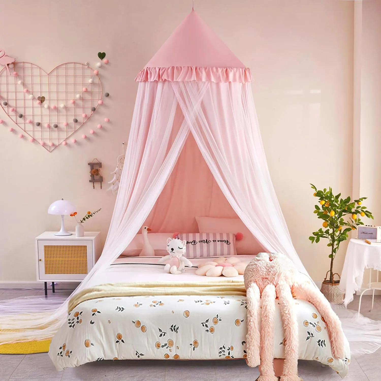 Kertnic Large Dome Bed Canopy for Kids Room Double Layer Mosquito Net, Hanging Play Tent Children Reading Nook Canopies, Princess Castle Dreamy Bedding for Girls Room House Décor (Beige Pink)