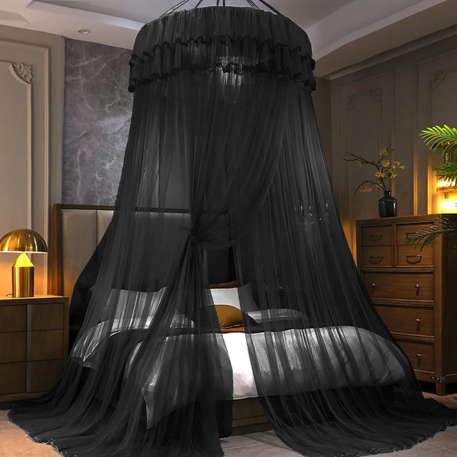 Kertnic Mosquito Net Bed Canopy for Girls, Princess Canopy Bed Curtain Fine Sheer Mesh Dome Bed Canopies, Kids & Adults Lace Tent for Twin Full Queen King Bed (Black)