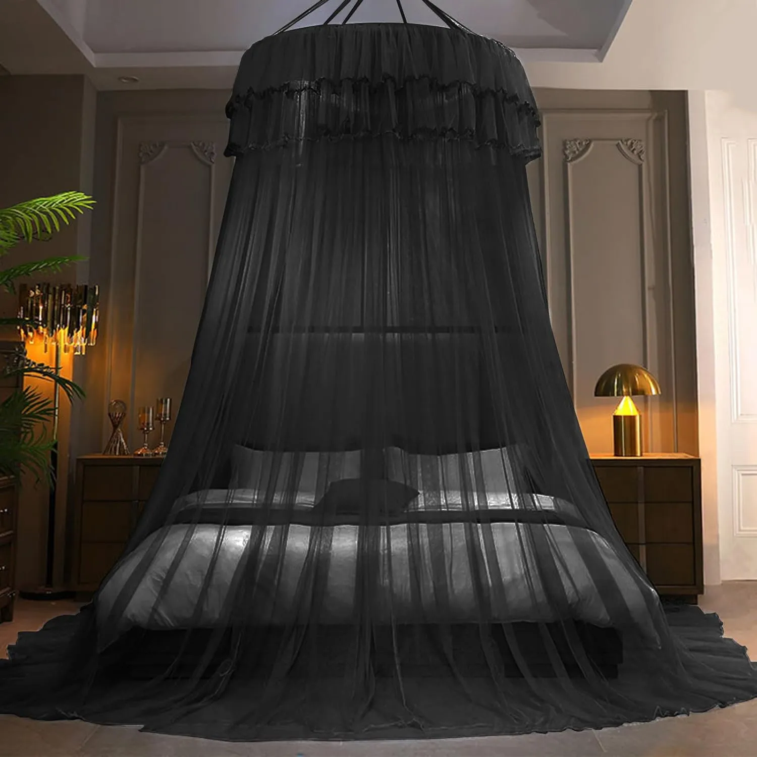 Kertnic Mosquito Net Bed Canopy for Girls, Princess Canopy Bed Curtain Fine Sheer Mesh Dome Bed Canopies, Kids & Adults Lace Tent for Twin Full Queen King Bed (Black)