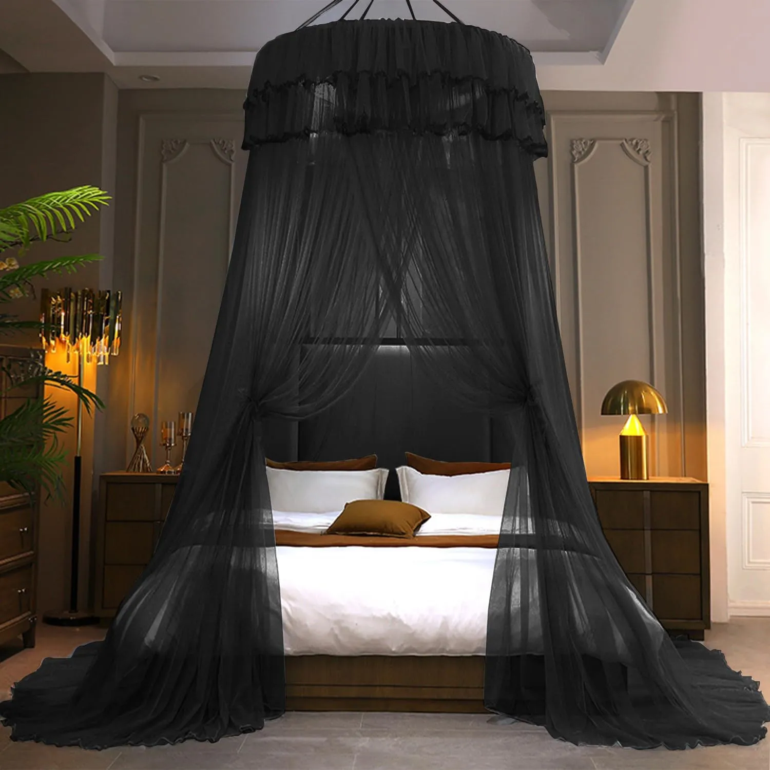 Kertnic Mosquito Net Bed Canopy for Girls, Princess Canopy Bed Curtain Fine Sheer Mesh Dome Bed Canopies, Kids & Adults Lace Tent for Twin Full Queen King Bed (Black)