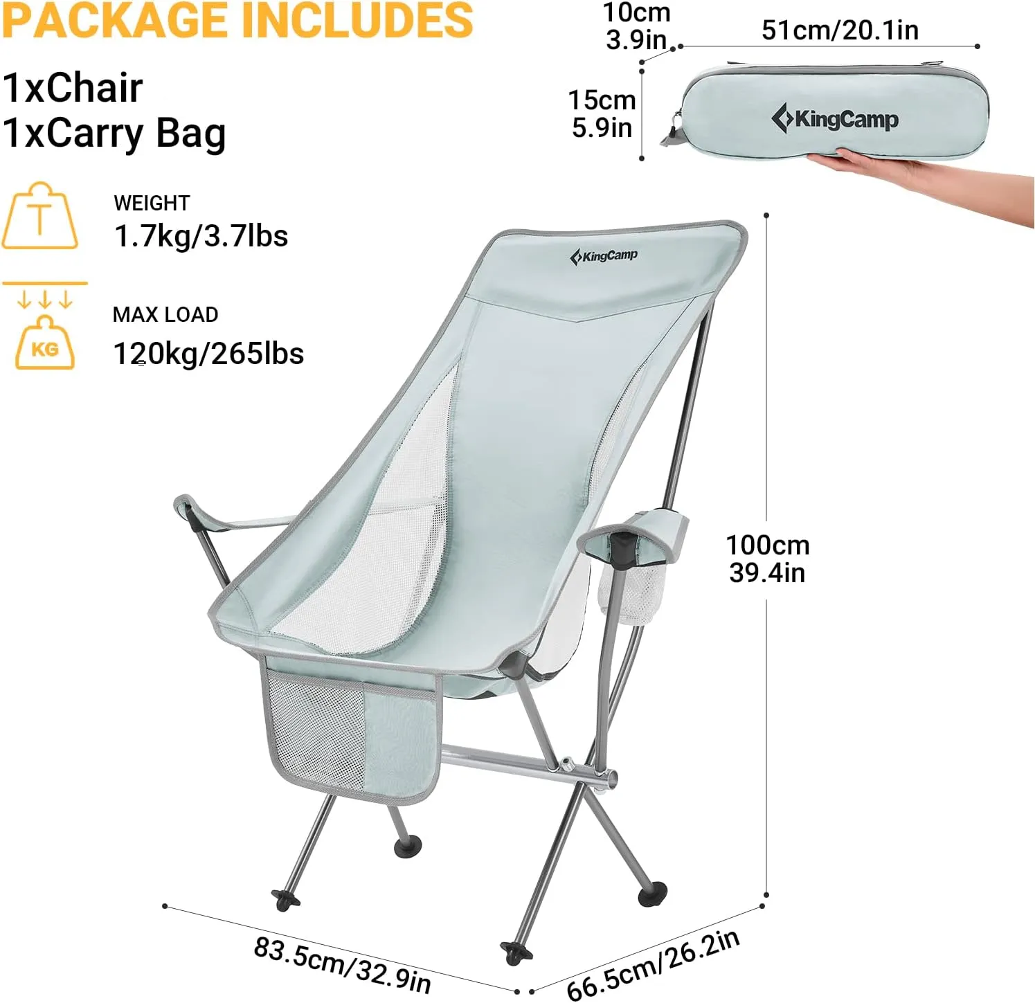 KingCamp Lightweight Compact Camping Folding Chair, Adjustable Height Ultraight Backpacking Chair for Outdoor Hiking, Picnic, Beach, Travel Chairs with Carry Bag