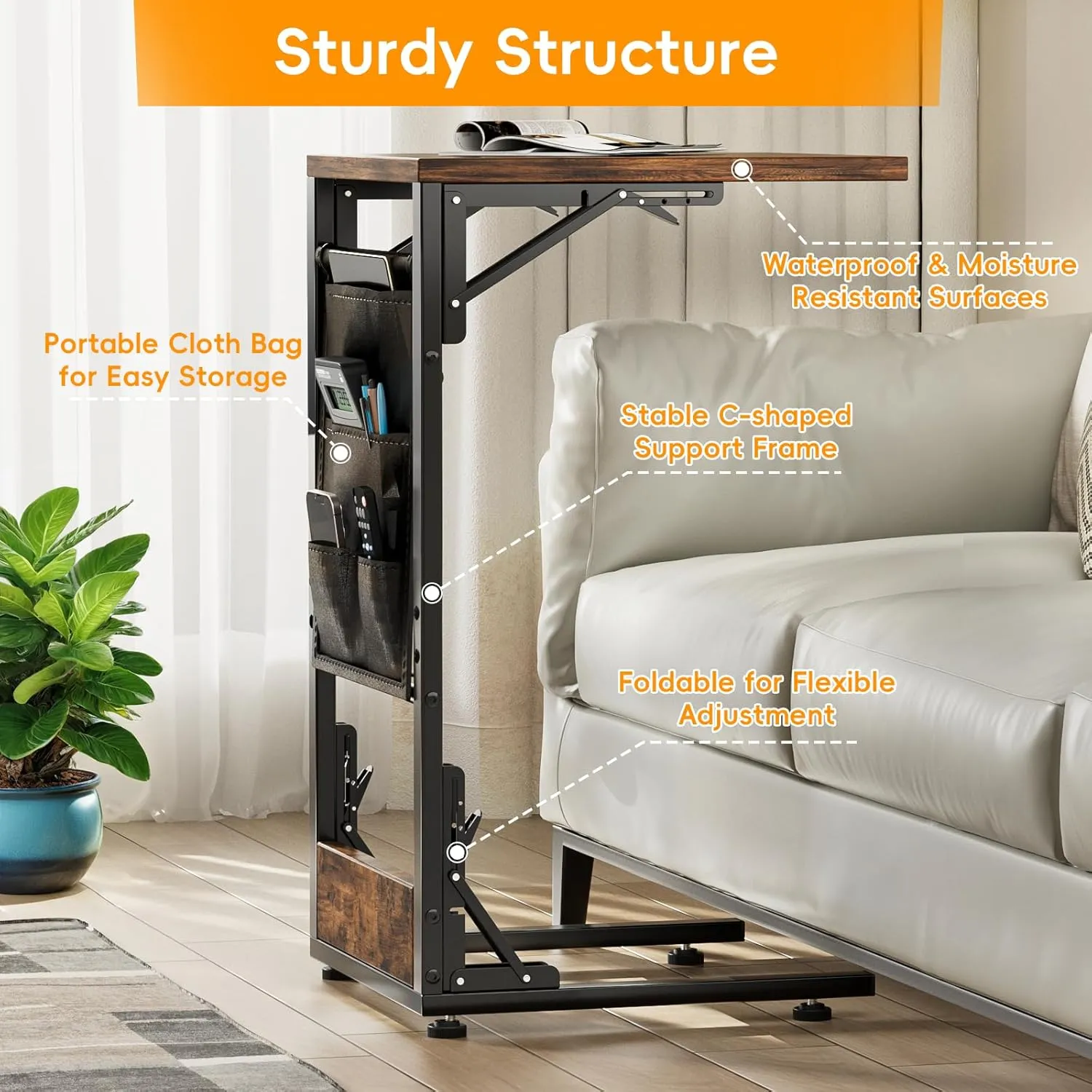 Kufutee Folding TV Tray Table, Small Folding Side Table with Storage Bag, Portable C Shaped End Stand for Couch Sofa Bed, Rustic Brown
