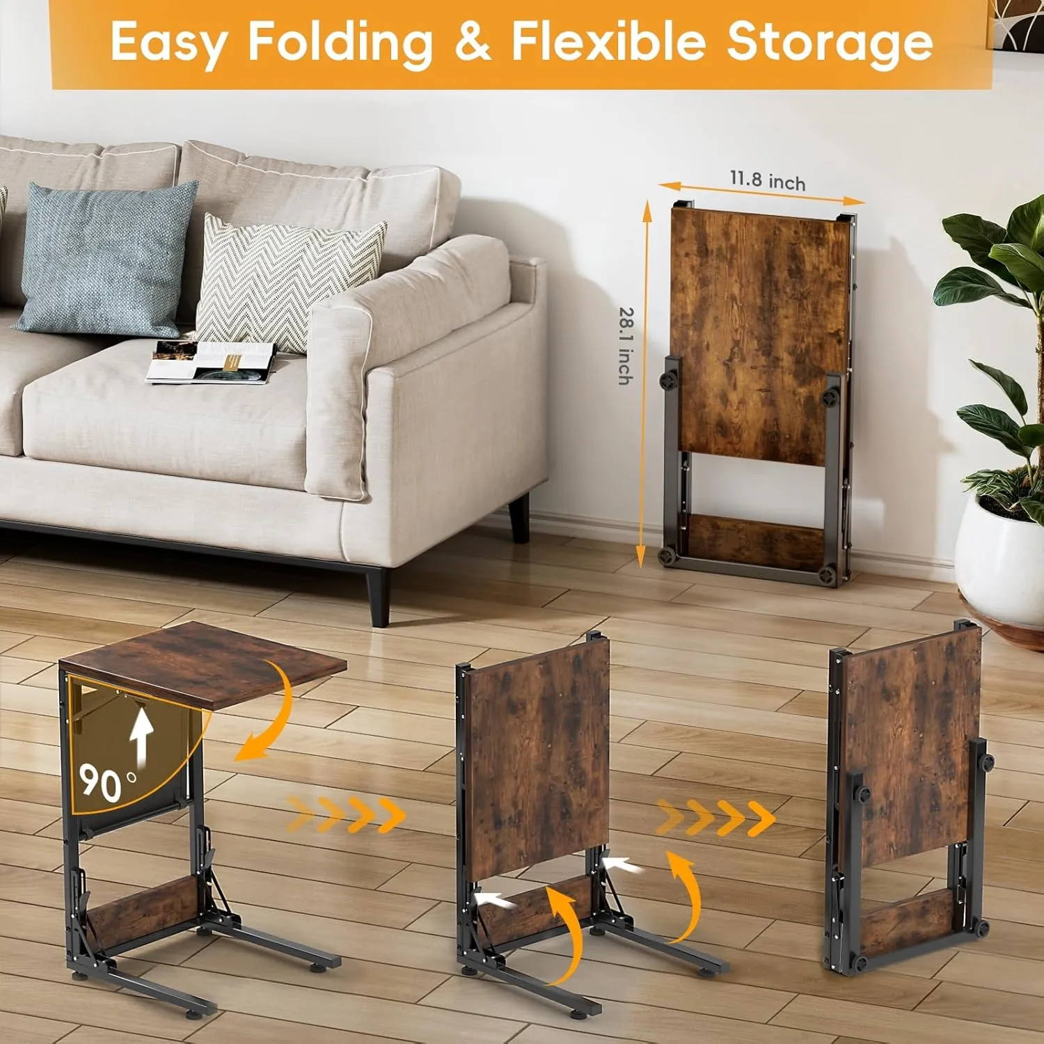 Kufutee Folding TV Tray Table, Small Folding Side Table with Storage Bag, Portable C Shaped End Stand for Couch Sofa Bed, Rustic Brown