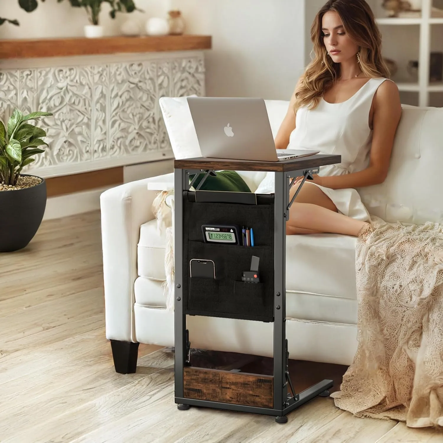 Kufutee Folding TV Tray Table, Small Folding Side Table with Storage Bag, Portable C Shaped End Stand for Couch Sofa Bed, Rustic Brown