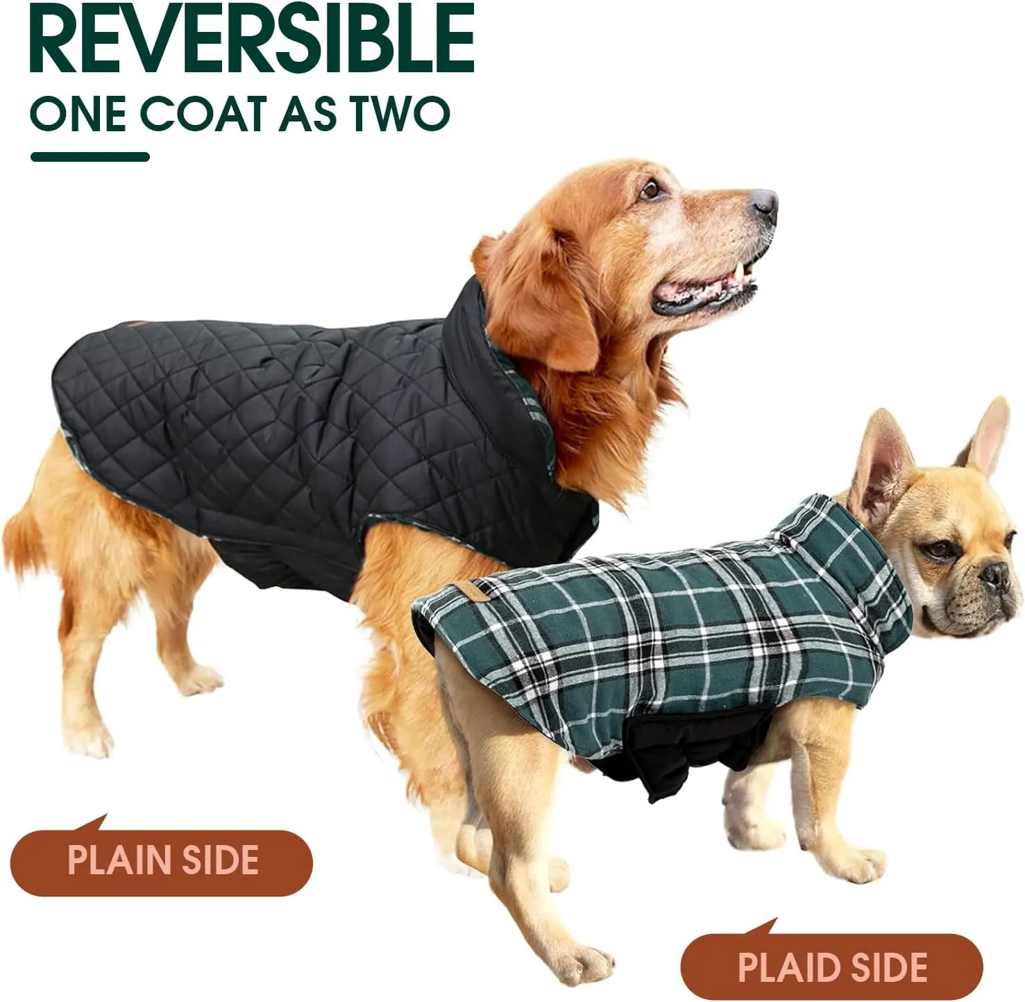Kuoser Waterproof Dog Coat, Reversible Dog Jacket for Small Dogs, Adjustable Durable Doggie Winter Coat Warm Cozy Puppy Cold Weather Apparel from Small to Large Breed, Green S