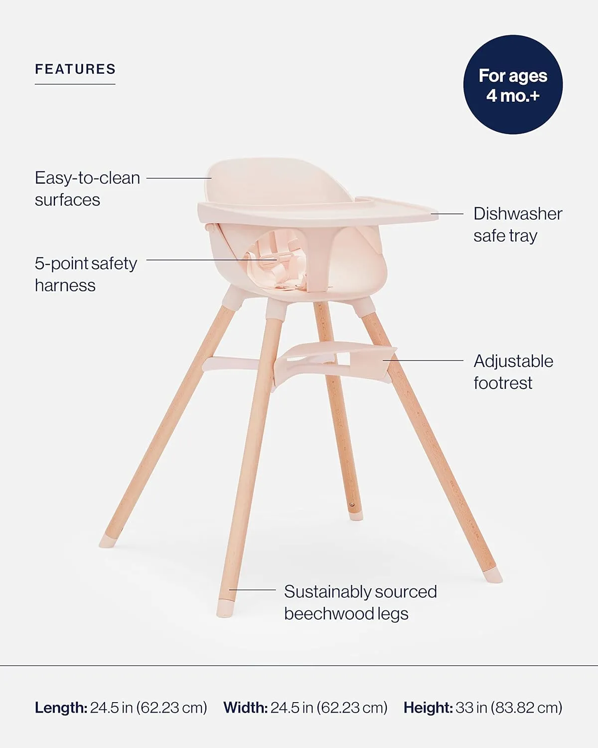 Lalo The Chair Convertible 3-in-1 High Chair for Babies & Toddlers, Dishwasher Safe Tray, Adjustable Footrest, Grapefruit