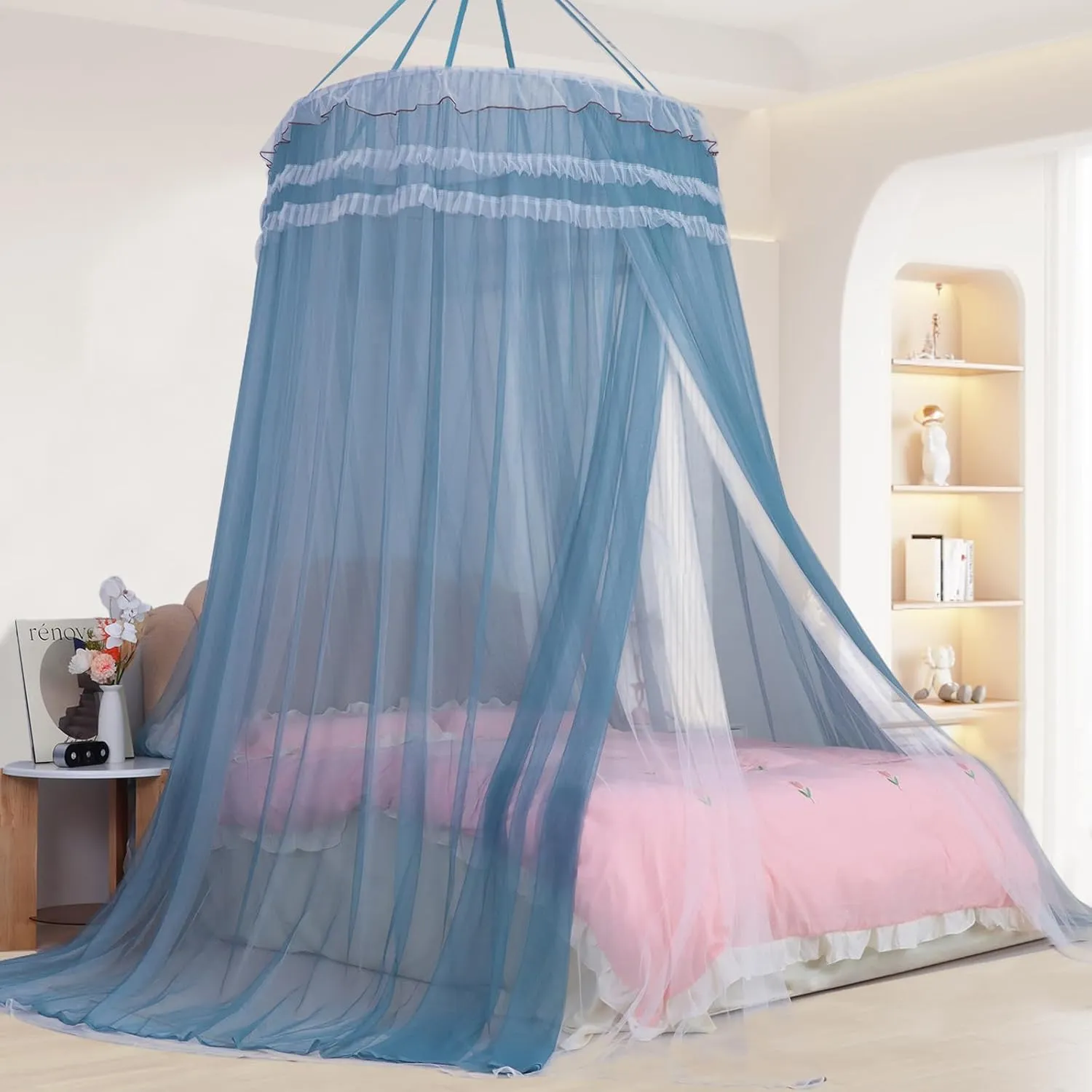 Lanpet Dreamy Princess Bed Canopy for Girls, Double Layer Sheer Mesh Canopy Curtain, Canopies Netting Room Decor Tent Mosquito Net for Kids & Adults Queen King Bed,Pink