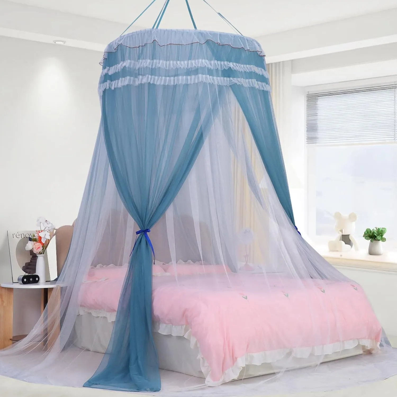 Lanpet Dreamy Princess Bed Canopy for Girls, Double Layer Sheer Mesh Canopy Curtain, Canopies Netting Room Decor Tent Mosquito Net for Kids & Adults Queen King Bed,Pink